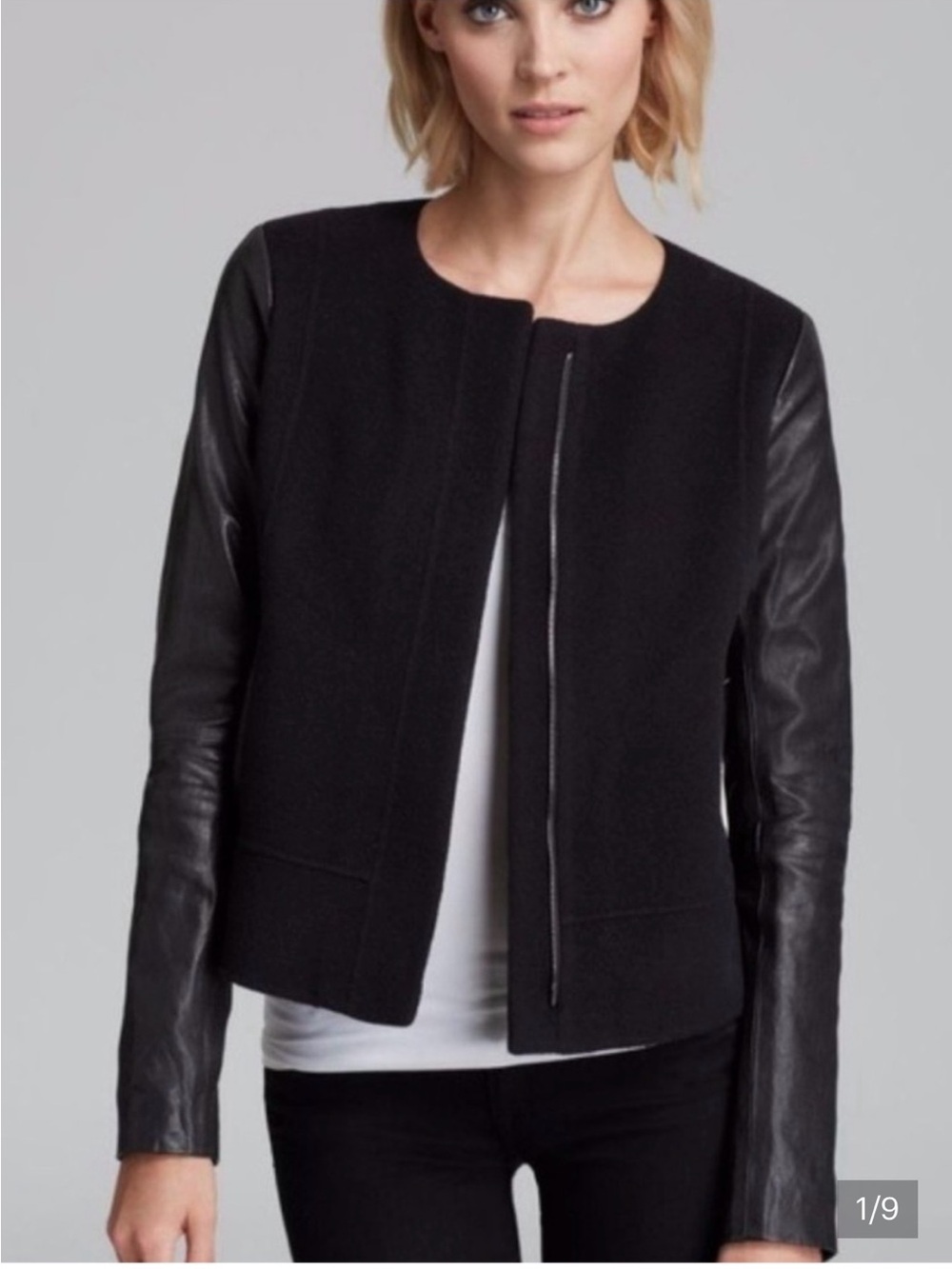 Vince Black Wool Body Jacket with Leather Sleeves